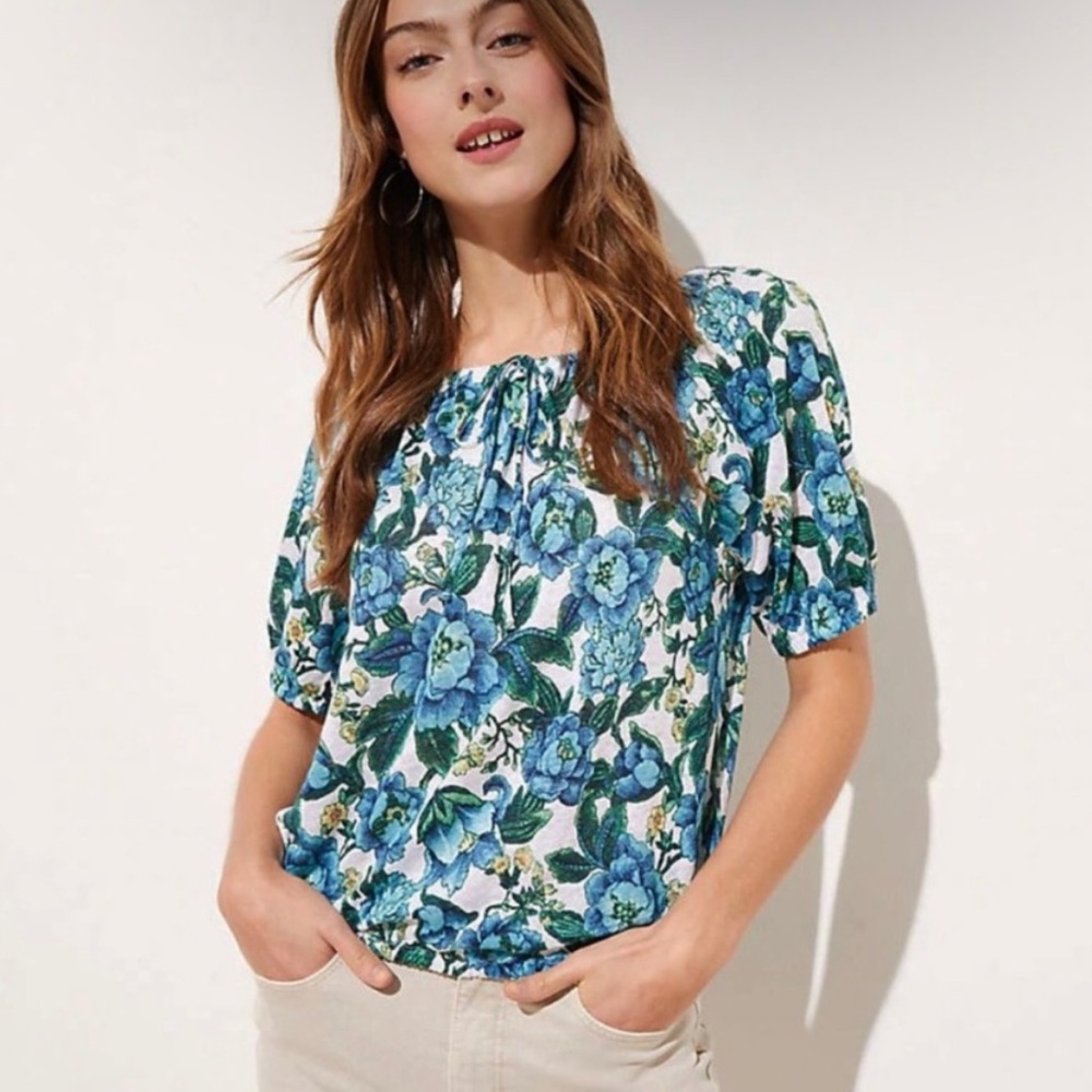 Loft Blue Floral Shirred Linen Top